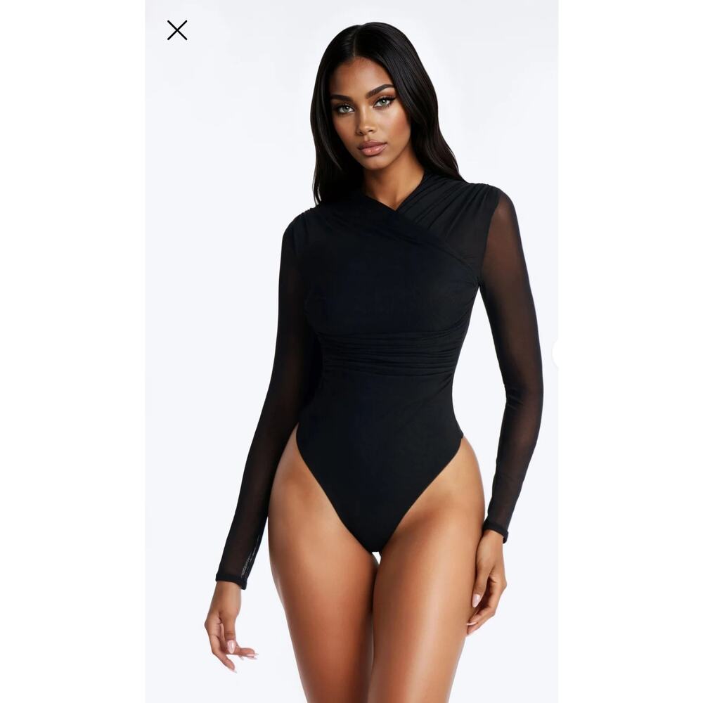 Fashion Nova Noir Essence Ruxhed Mesh Long Sleeve Bodysuit Sz L